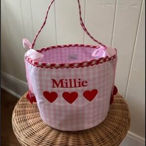 Personalized Pink Gingham Kids Basket with Red Hearts - Millie